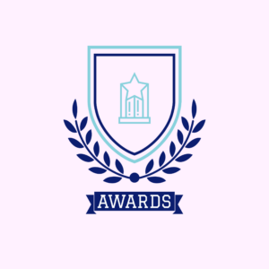 pink box, blue star trophy, blue ribbon with awards printed across