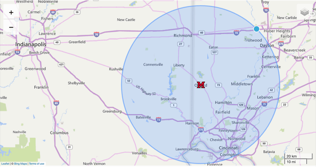 Map showing where Oxford, OH is in proximity to Dayton and Cincinnati